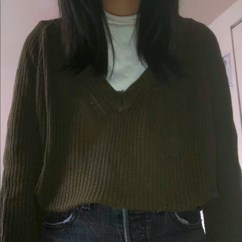 Vneck Cable knit olive sweater